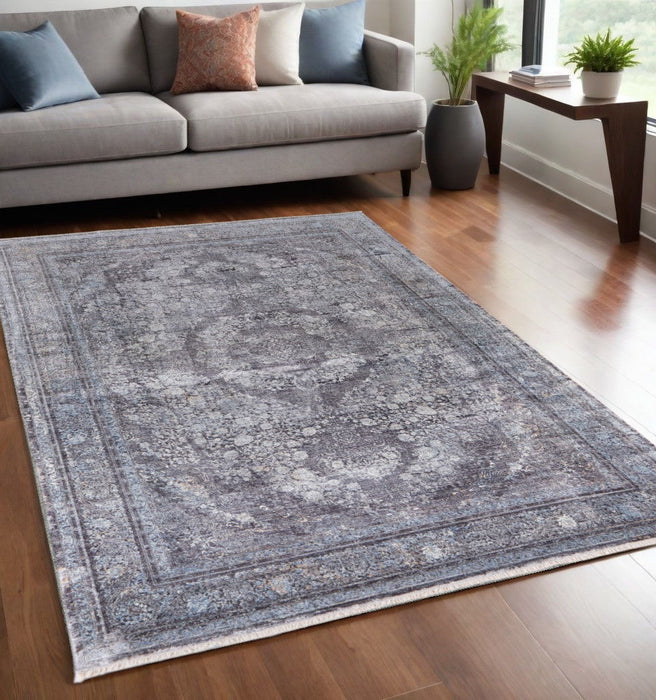 5' x 7' Oriental Power Loom Worn Faded Area Rug - Gray And Silver