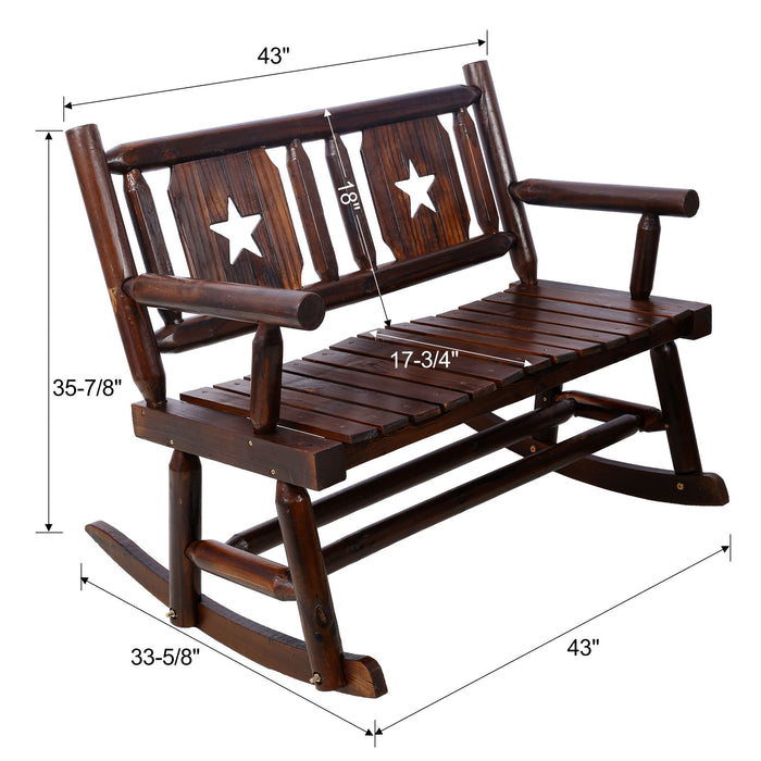 Giga rustic outdoor wood double rocking bench with curved seats, perfect for porch relaxation, in brown finish.
