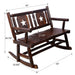 Giga rustic outdoor wood double rocking bench with curved seats, perfect for porch relaxation, in brown finish.