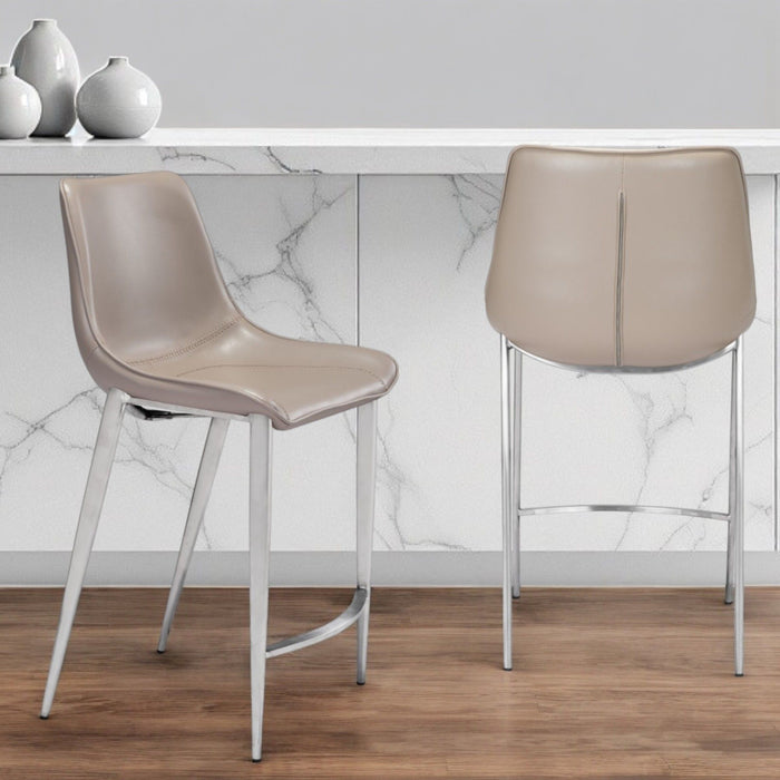Set of two 26-inch gray and silver steel low back counter height bar chairs by HomeRoots, perfect for kitchen or bar seating.