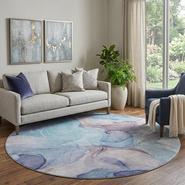 8' Abstract Washable Round Rug With UV Protection (646725) - Navy Blue / Purple / Gray