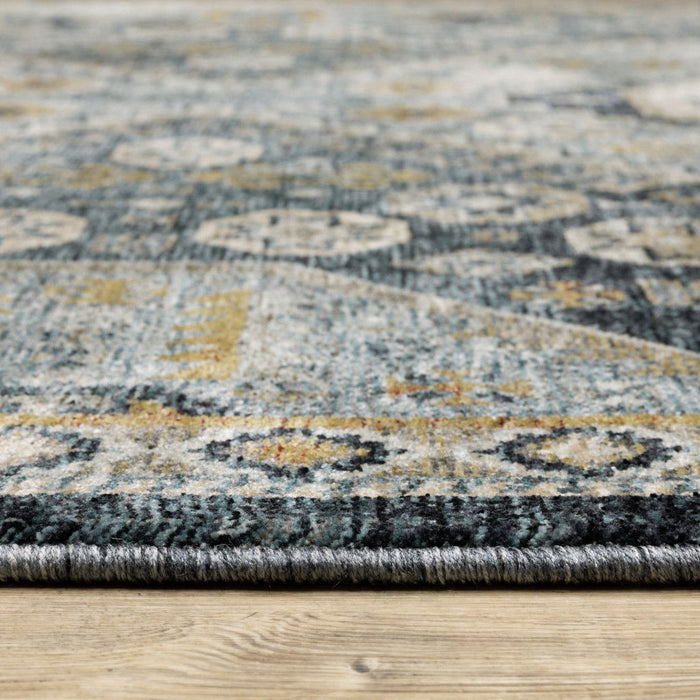 10' x 13' Oriental Power Loom Stain Resistant Area Rug With Fringe - Blue Gold Ivory And Navy