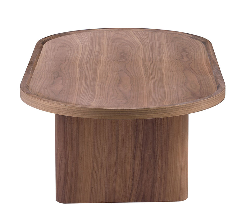 Modern All-Wood Oval Coffee Table | Walnut Veneer Cocktail Table with Pedestal Base