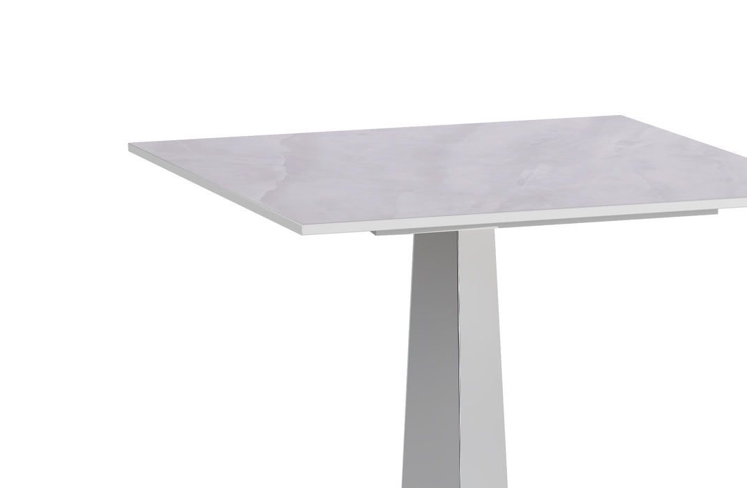 Contemporary Jennifer sintered stone top end table with gloss white surface and polished steel base, by Chintaly