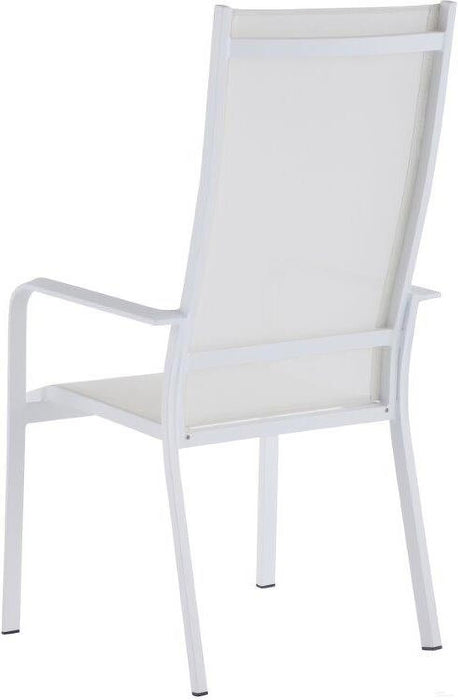 Set of two Chintaly Malibu contemporary outdoor chairs with white mesh sling seats and aluminum frames.