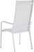 Set of two Chintaly Malibu contemporary outdoor chairs with white mesh sling seats and aluminum frames.