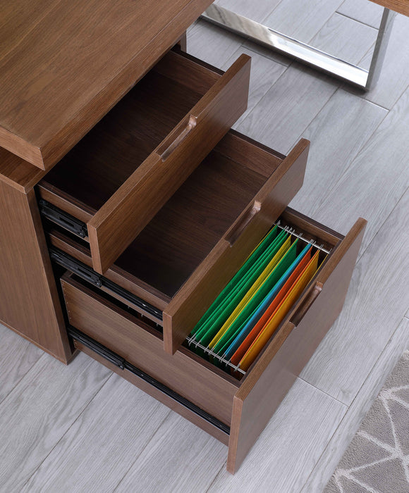 Reversible wooden home office desk with walnut veneer finish, 3-drawer cabinet, polished stainless steel legs, by Chintaly