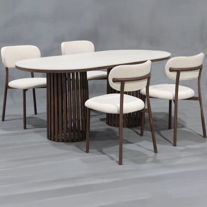 Chintaly Aurora 5-piece oval ceramic top dining set with matte beige and walnut finish, featuring double pedestal steel bases.