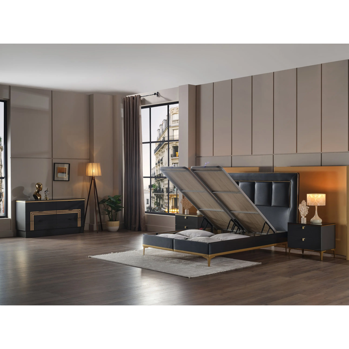 Bellona Carlino Black Leather Storage Bedroom Set – Queen & King Size