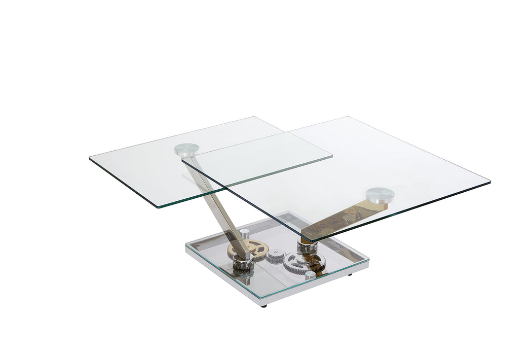 Contemporary Motion-Extendable Glass Top Cocktail Table | Clear Glass with Polished SS & Brass