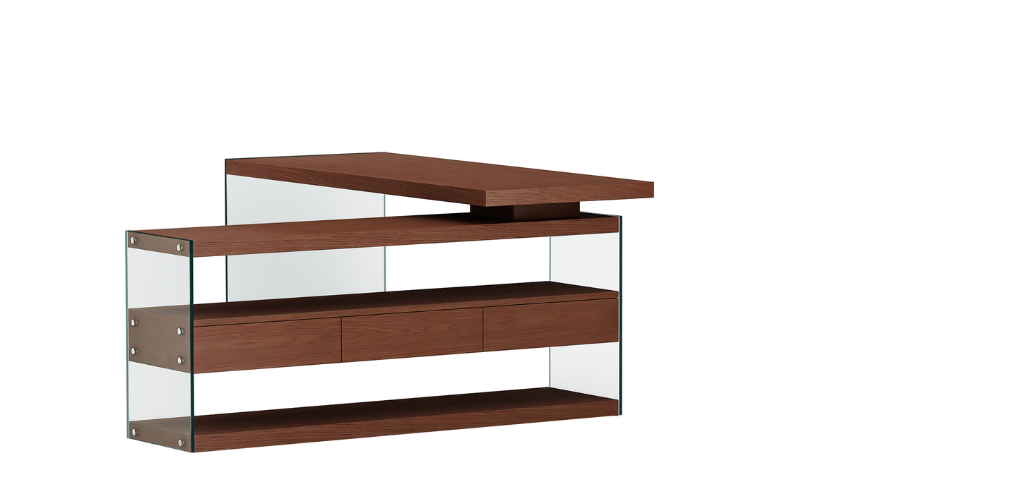 Reversible walnut wooden desk with glass panels, drawers, and shelves, featuring rotatable design for versatile office setup.
