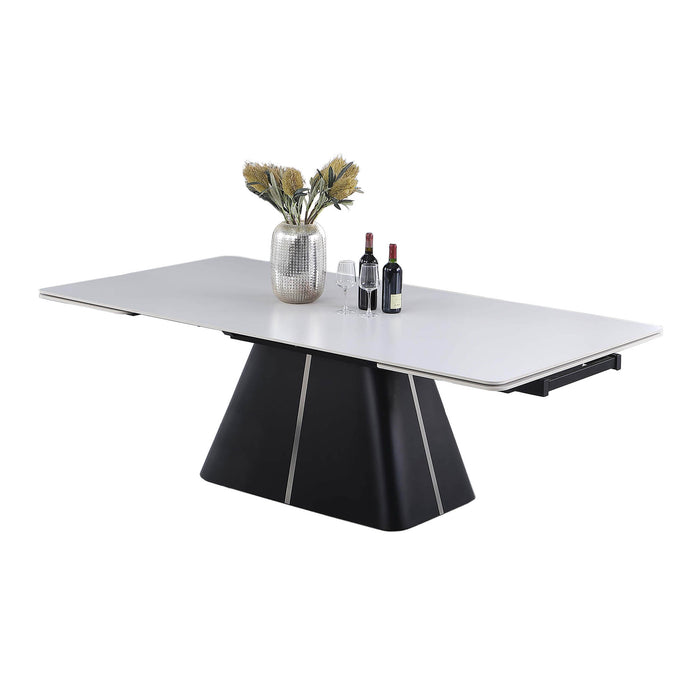 MABEL Contemporary Extendable Dining Table | Matte White Ceramic Top with Matte Black & Stainless Steel Base