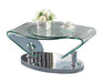 Contemporary Chintaly glass top coffee table with stainless steel base, sleek modern design, and clear glass surface.