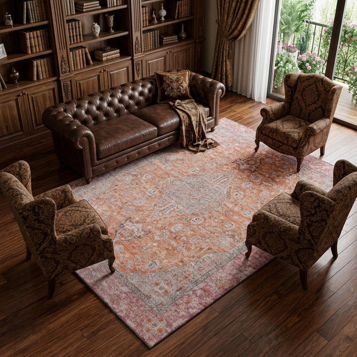 10' X 14' Floral Medallion Washable Area Rug With UV Protection (696122) - Orange / Red / Gray