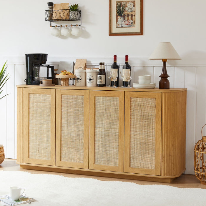 Contemporary wave-shaped Giga TV stand with rattan doors and open shelving for modern living room decor.