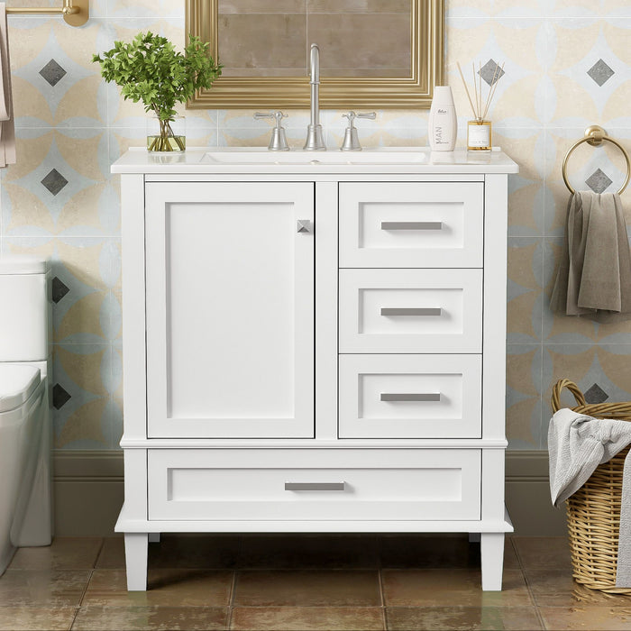 Modern Giga bathroom vanity with sink, soft-close door, three drawers, and solid wood frame, ideal for bathroom storage.