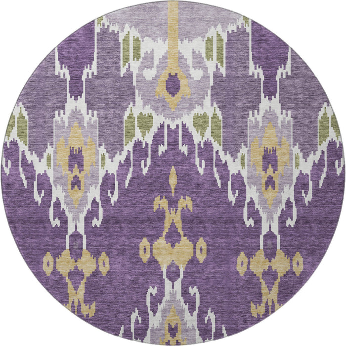 8' Ikat Washable Round Rug With UV Protection - Purple