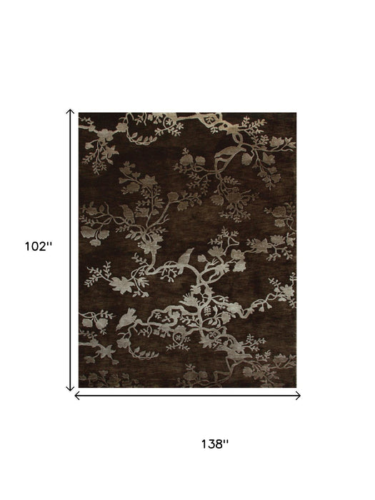 9' X 12' Wool Floral Hand Knotted Area Rug (744366) - Brown / Silver