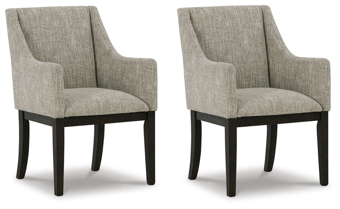 Set of two Ashley Furniture Burkhaus Dining UPH Arm Chairs in beige upholstery with dark brown wooden legs, modern and comfortable design.