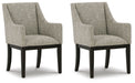 Set of two Ashley Furniture Burkhaus Dining UPH Arm Chairs in beige upholstery with dark brown wooden legs, modern and comfortable design.
