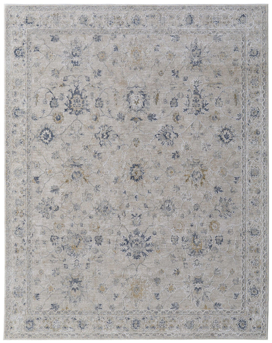 9' x 13' Floral Power Loom Worn Faded Area Rug With Fringe - Ivory Taupe And Blue