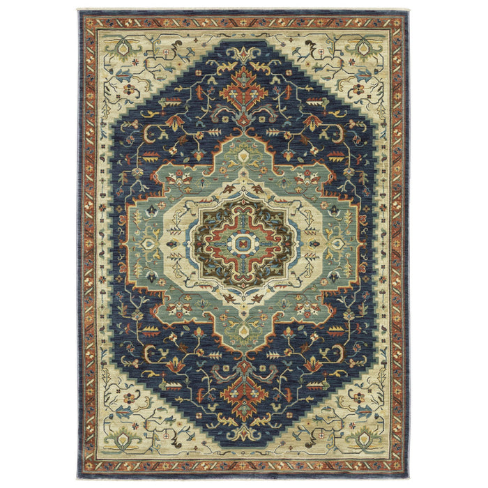 7' X 10' Oriental Area Rug With Fringe - Blue And Orange