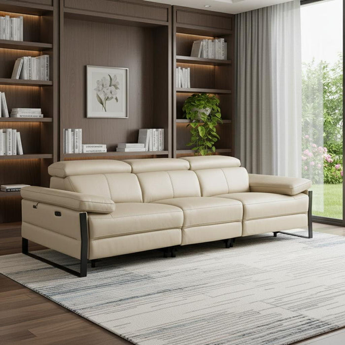 Top Grain Leather Reclining Metal USB Sofa (720335) - Beige