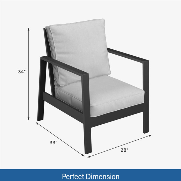 Set of 2 Giga all-weather ergonomic patio armchairs with thick cushions, featuring sturdy frames and comfortable outdoor seating.