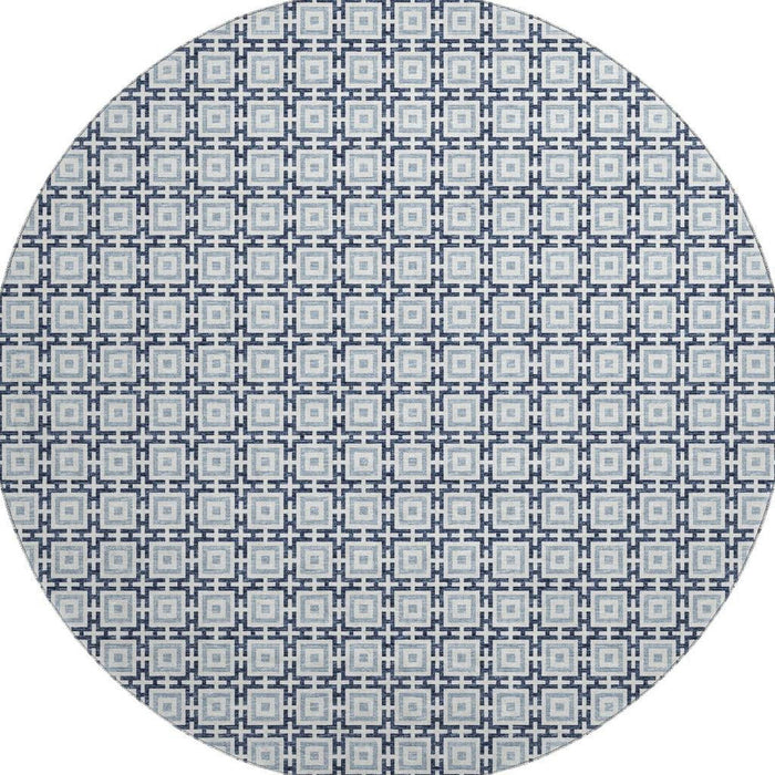 8' Geometric Washable Round Rug With UV Protection (645268) - Navy Blue / Ivory