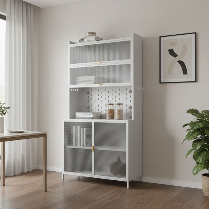 73" Stainless Steel Textured Door Dining Hutch With Two Doors - White