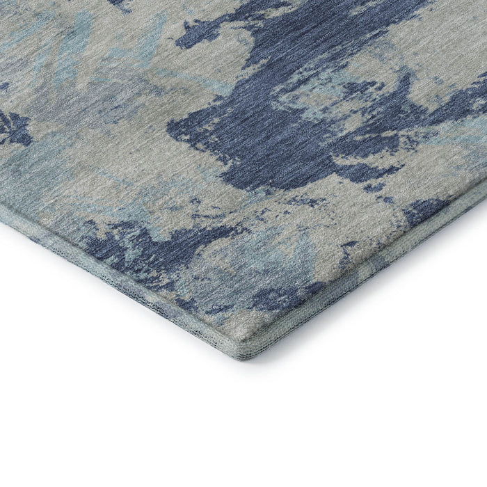 10' X 14' Floral Washable Area Rug With UV Protection (670351) - Navy Blue / Silver / Sky Blue