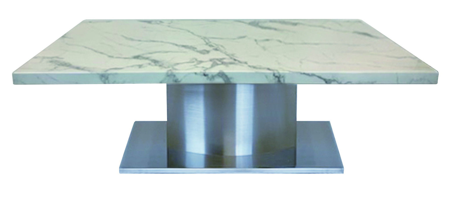 White and silver 51-inch marble and stainless steel pedestal coffee table by HomeRoots, showcasing a modern design with sleek surfaces.