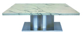 White and silver 51-inch marble and stainless steel pedestal coffee table by HomeRoots, showcasing a modern design with sleek surfaces.