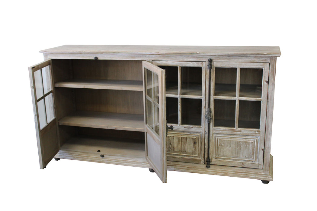 Solid Wood Four Door Side Board With Glass Inserts - White / Wash Gray