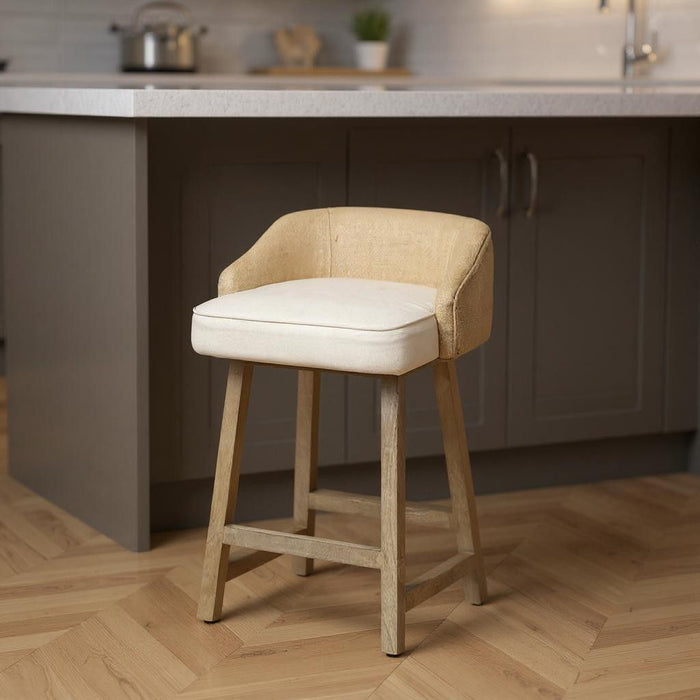 24" Solid Wood Fabric And Jute Low Back Counter Height Bar Chair - Tan / Beige