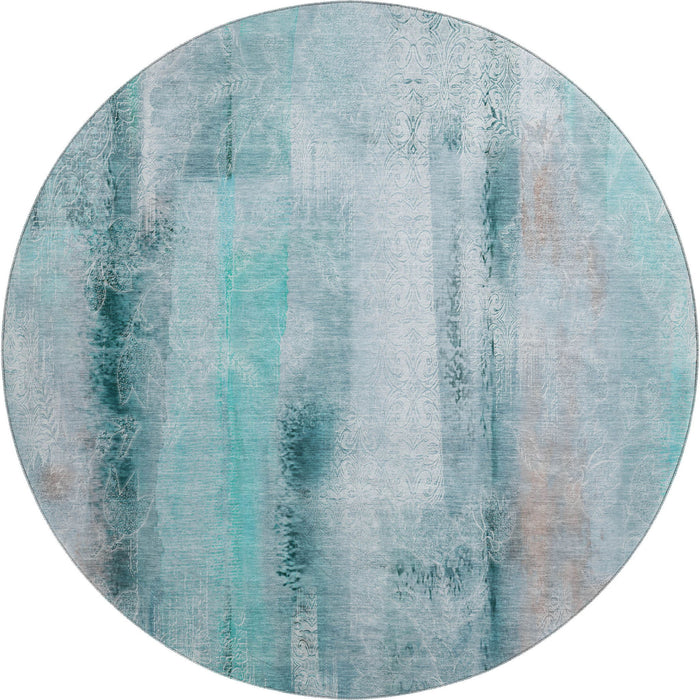 8' Abstract Washable Round Rug With UV Protection (648145) - Teal / Ivory