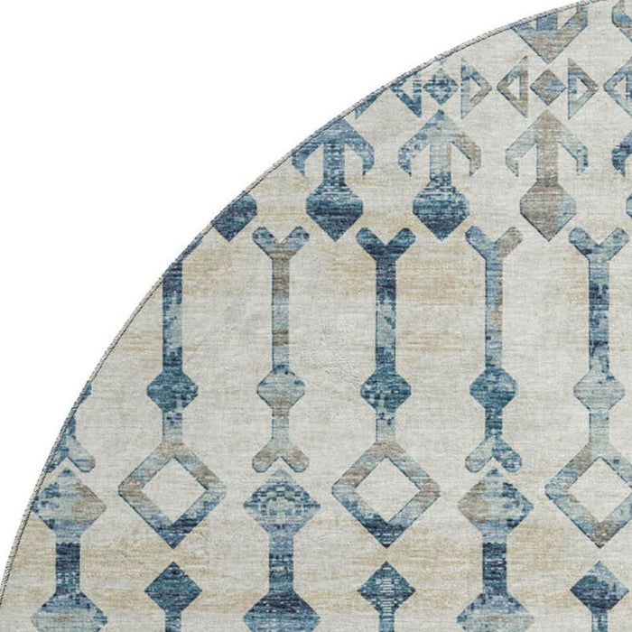 8' Tribal Washable Round Rug With UV Protection (644141) - Ivory / Blue
