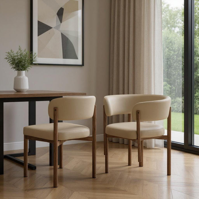 Faux Leather Solid Wood Open Back Dining Side Chairs (Set of 2) - Beige / Brown