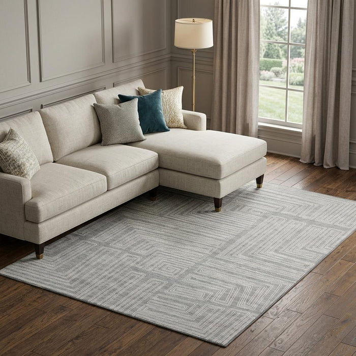 10' X 14' Geometric Washable Area Rug With UV Protection (681983) - Gray / Ivory