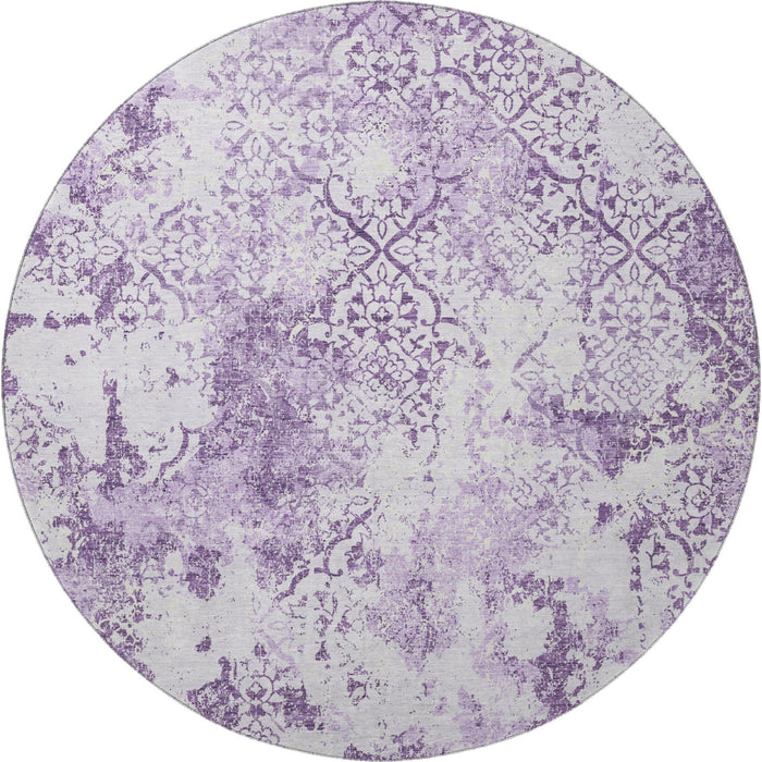 8' Abstract Washable Round Rug With UV Protection - Lavender And Ivory