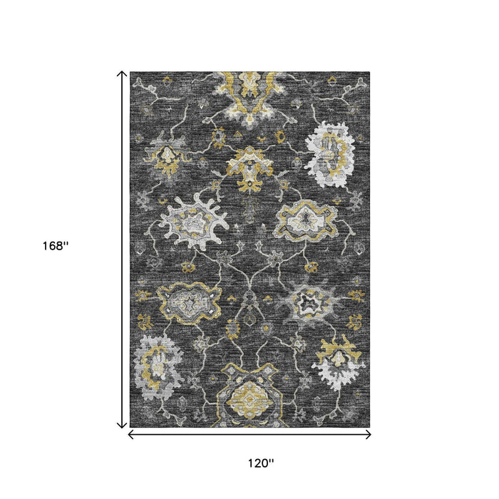 10' X 14' Floral Medallion Distressed Washable Area Rug With UV Protection (644616) - Graphite / Ivory / Gold