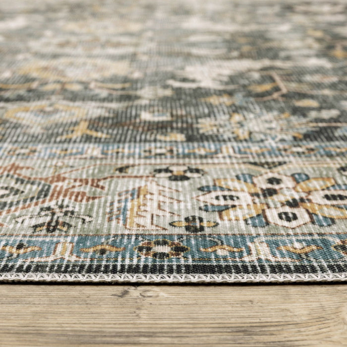 7' x 10' Oriental Printed Stain Resistant Non Skid Area Rug - Gray Charcoal Gold Brown Ivory Pale Sage And Light Blue