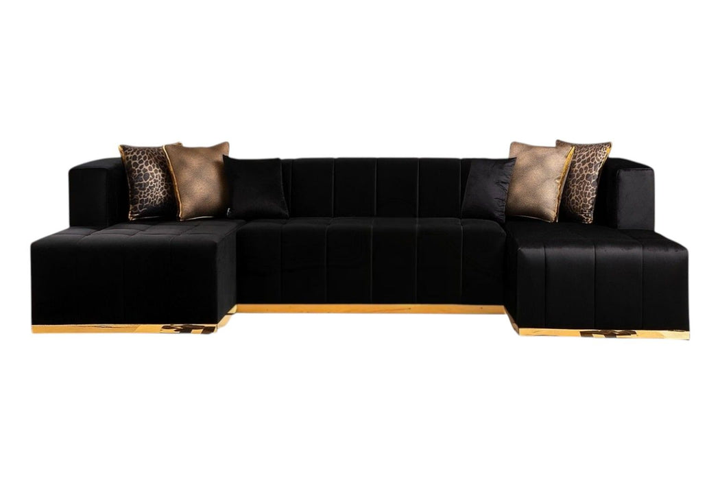 Velvet U-Shaped Three Piece Sofa Chaise Sectional With Toss Pillows - Black