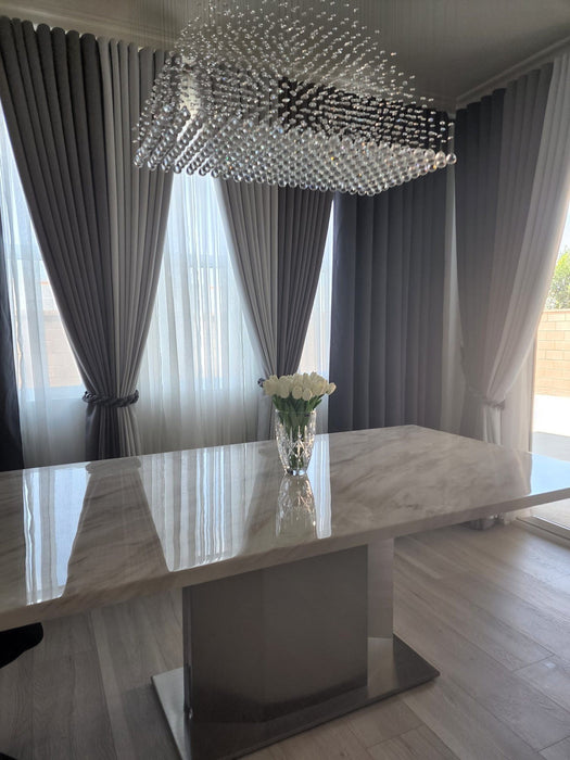 79" Marble And Stainless Steel Pedestal Base Dining Table - Gray / White