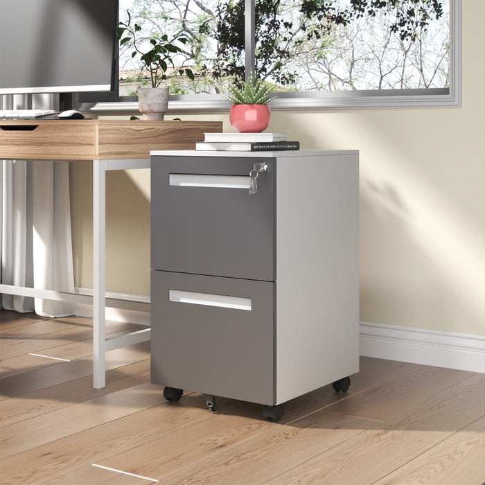 White Giga 2-drawer mobile filing cabinet with lock, 360° wheels, holding A4, letter, and legal files, shown from front angle.
