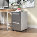 White Giga 2-drawer mobile filing cabinet with lock, 360° wheels, holding A4, letter, and legal files, shown from front angle.