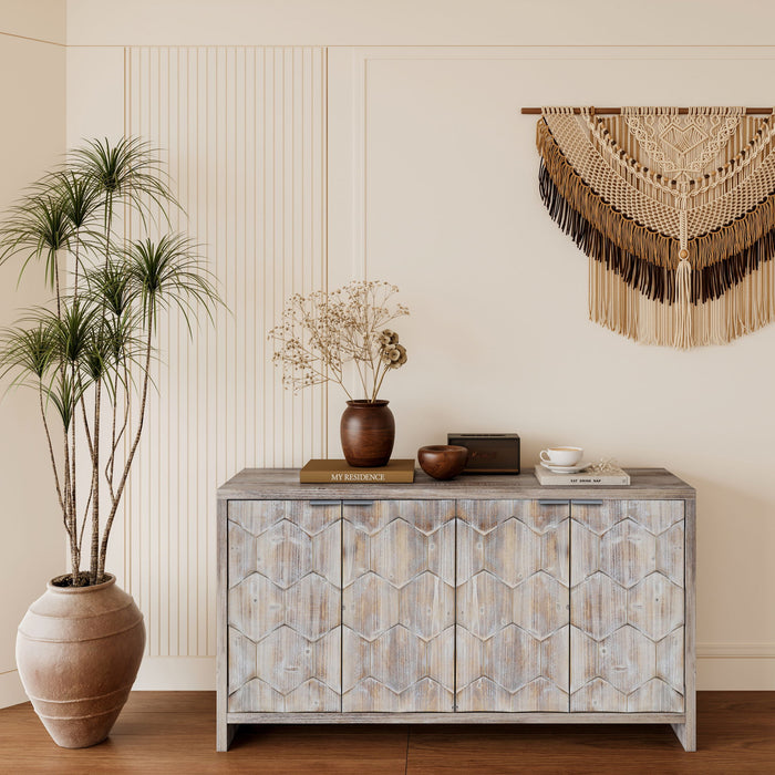 Giga farmhouse style wooden sideboard with four doors, ideal for living room, entryway, or dining room storage.
