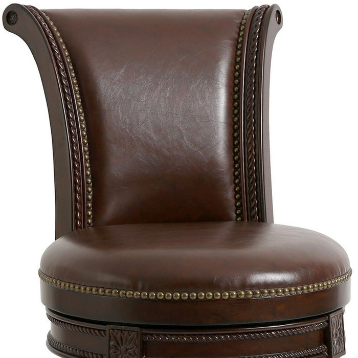 Faux Leather And Solid Wood Swivel Counter Height Bar Chair - Dark Brown