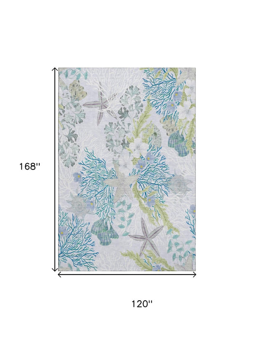 10' X 14' Geometric Washable Area Rug With UV Protection (645696) - Aqua / Ivory / Green