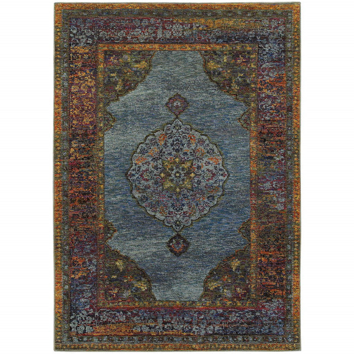 8.5' x 12.1' Oriental Power Loom Area Rug - Blue And Beige